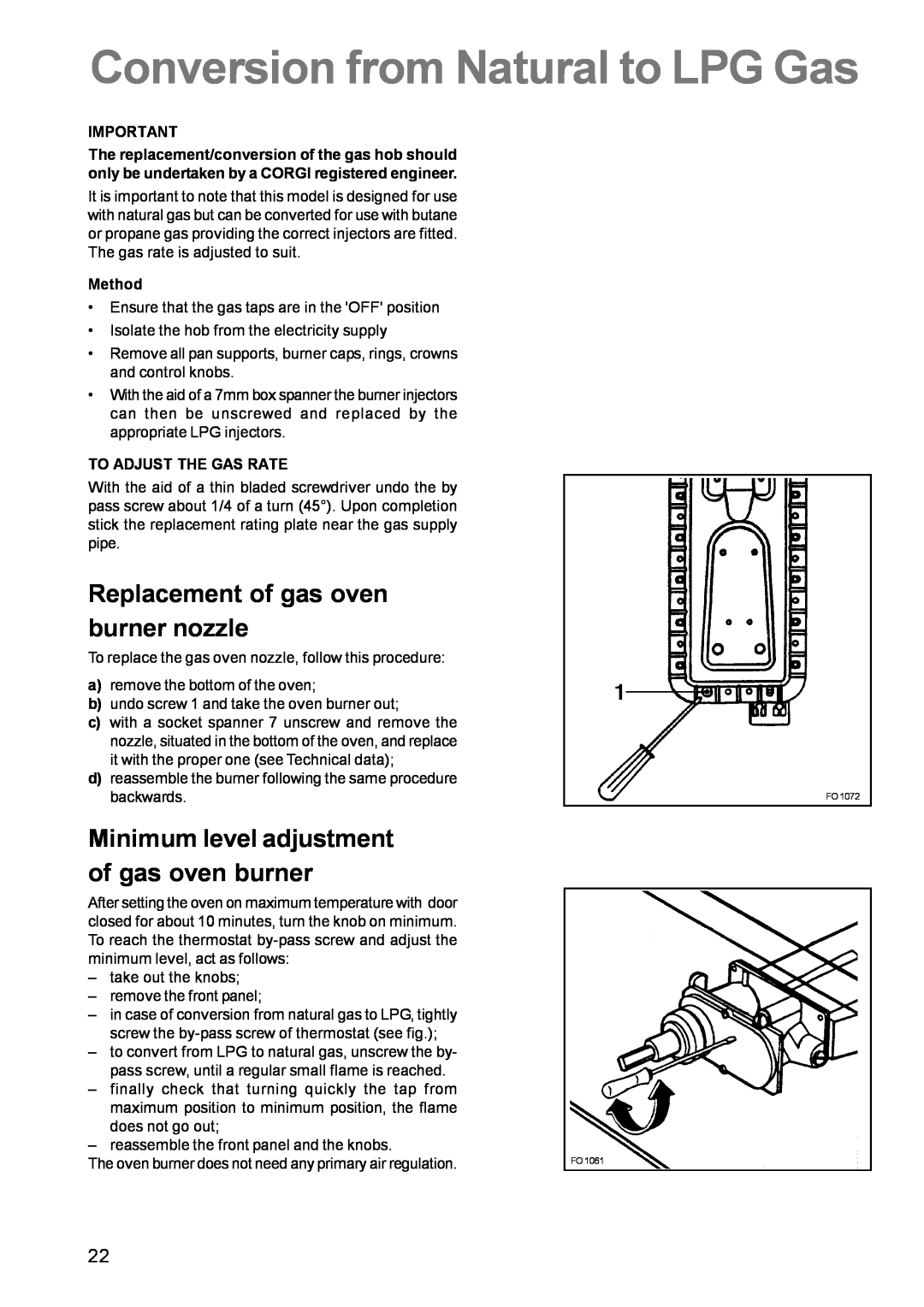 Zanussi ZCG 611 manual Conversion from Natural to LPG Gas, Replacement of gas oven burner nozzle 