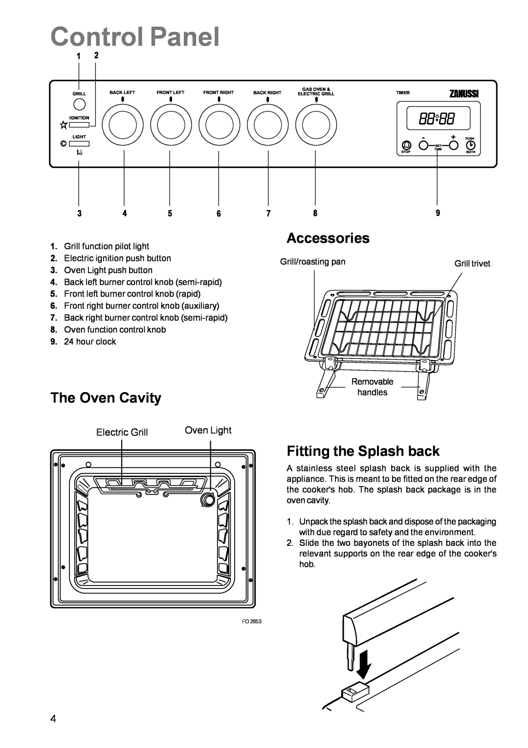 Zanussi ZCG 611 manual Control Panel, Accessories, The Oven Cavity, Fitting the Splash back 