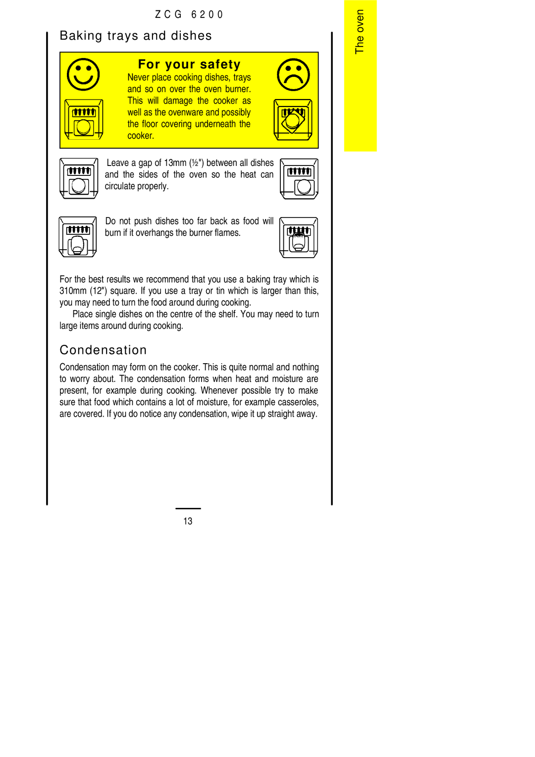 Zanussi ZCG 6200 installation instructions Baking trays and dishes, Condensation 