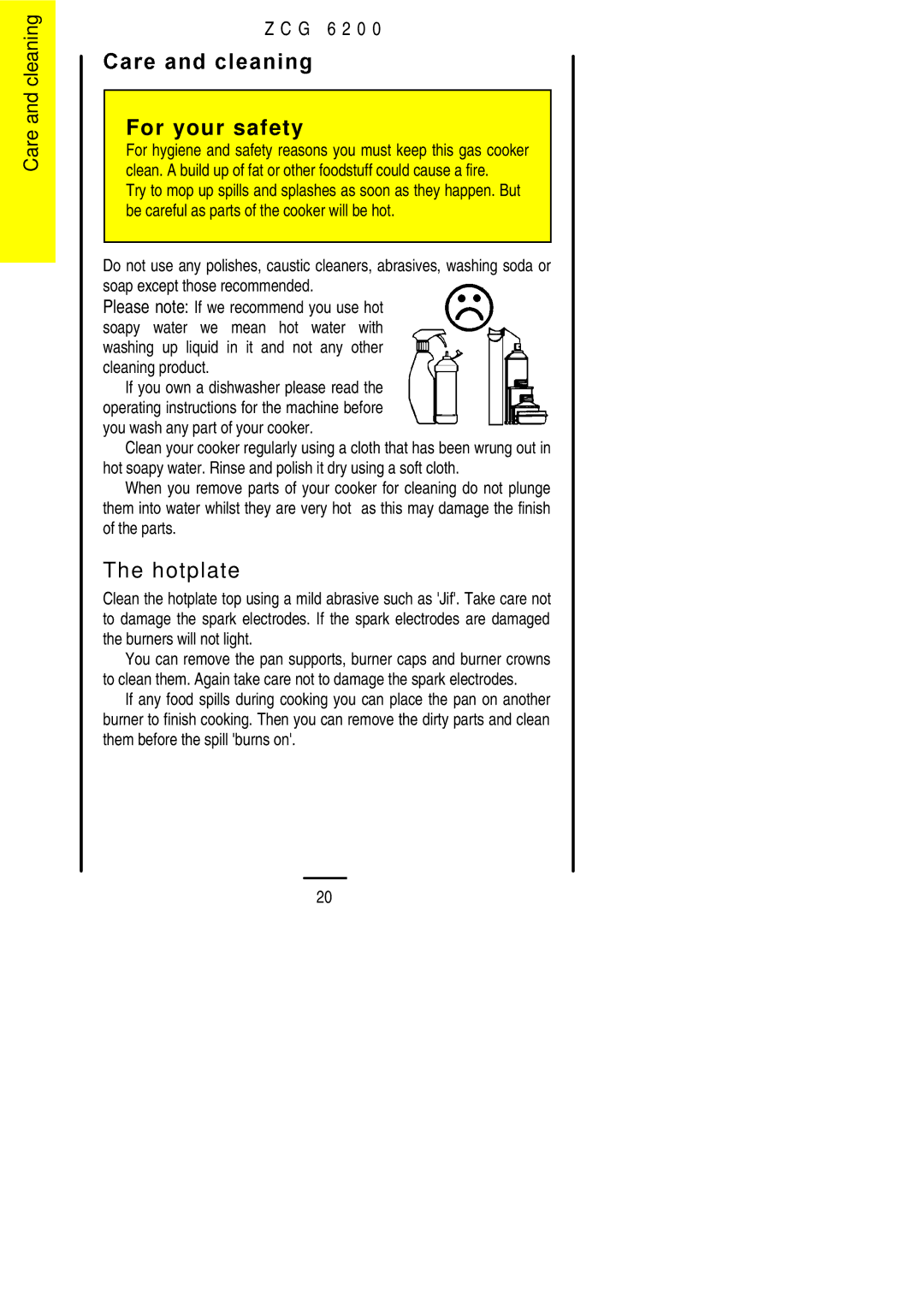 Zanussi ZCG 6200 installation instructions Care and cleaning 