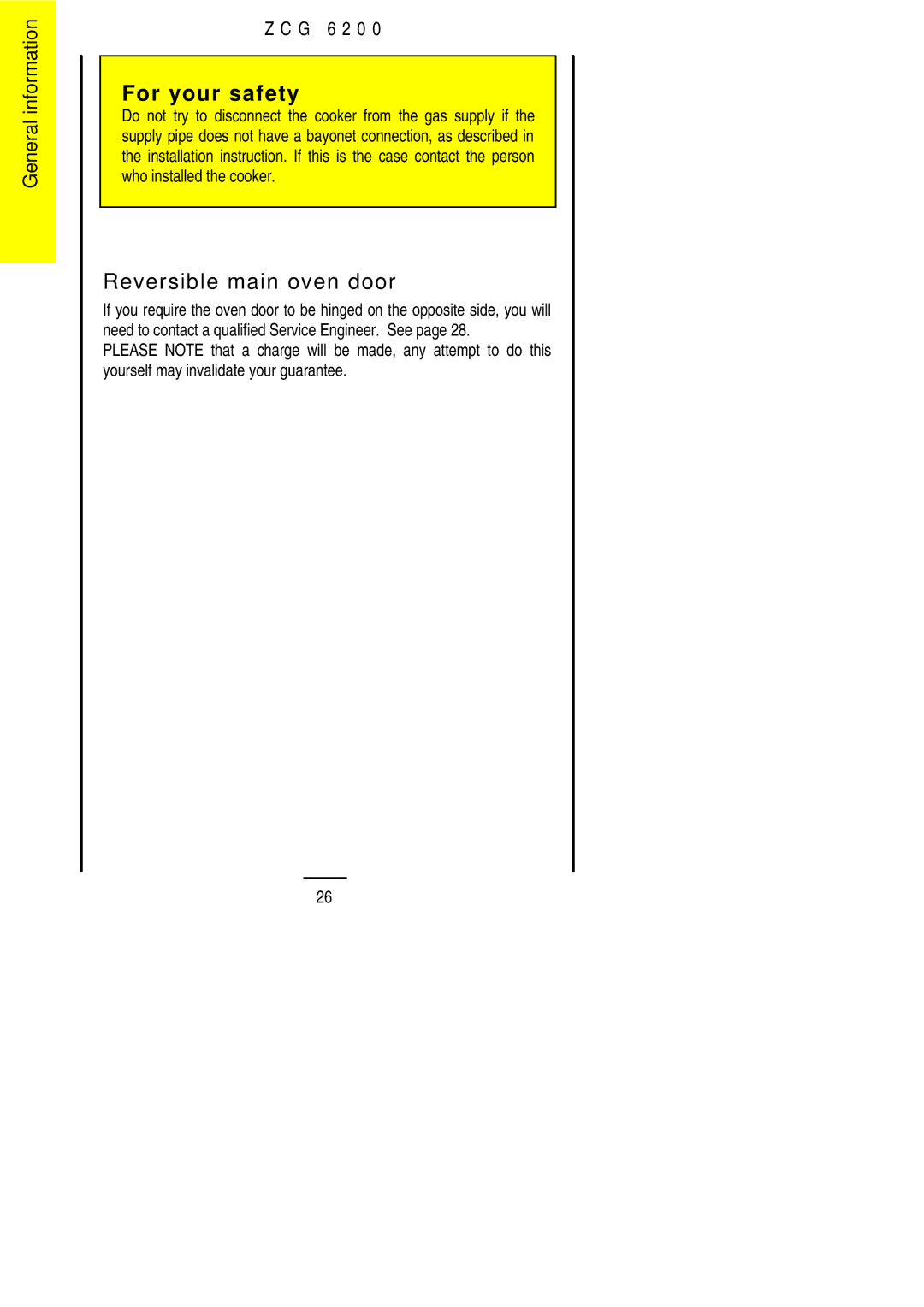 Zanussi ZCG 6200 installation instructions Reversible main oven door 