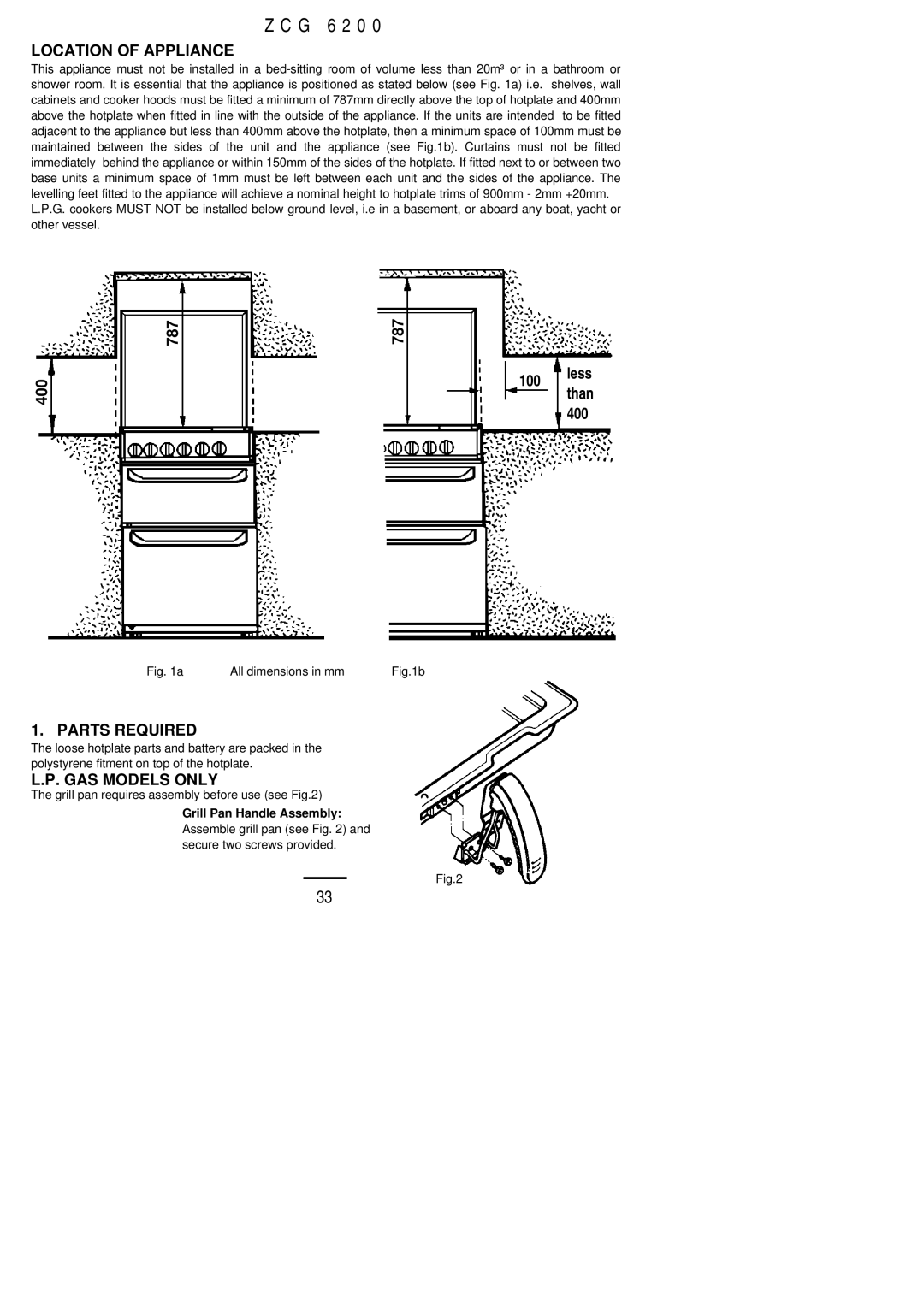 Zanussi ZCG 6200 installation instructions Location of Appliance, Parts Required, GAS Models only 