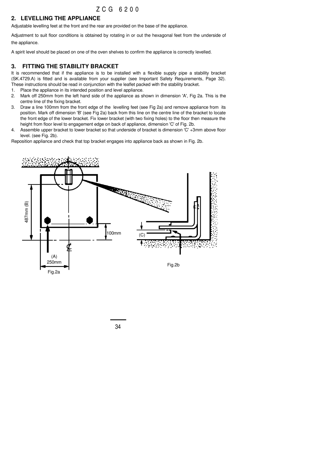 Zanussi ZCG 6200 installation instructions Levelling the Appliance, Fitting the Stability Bracket 