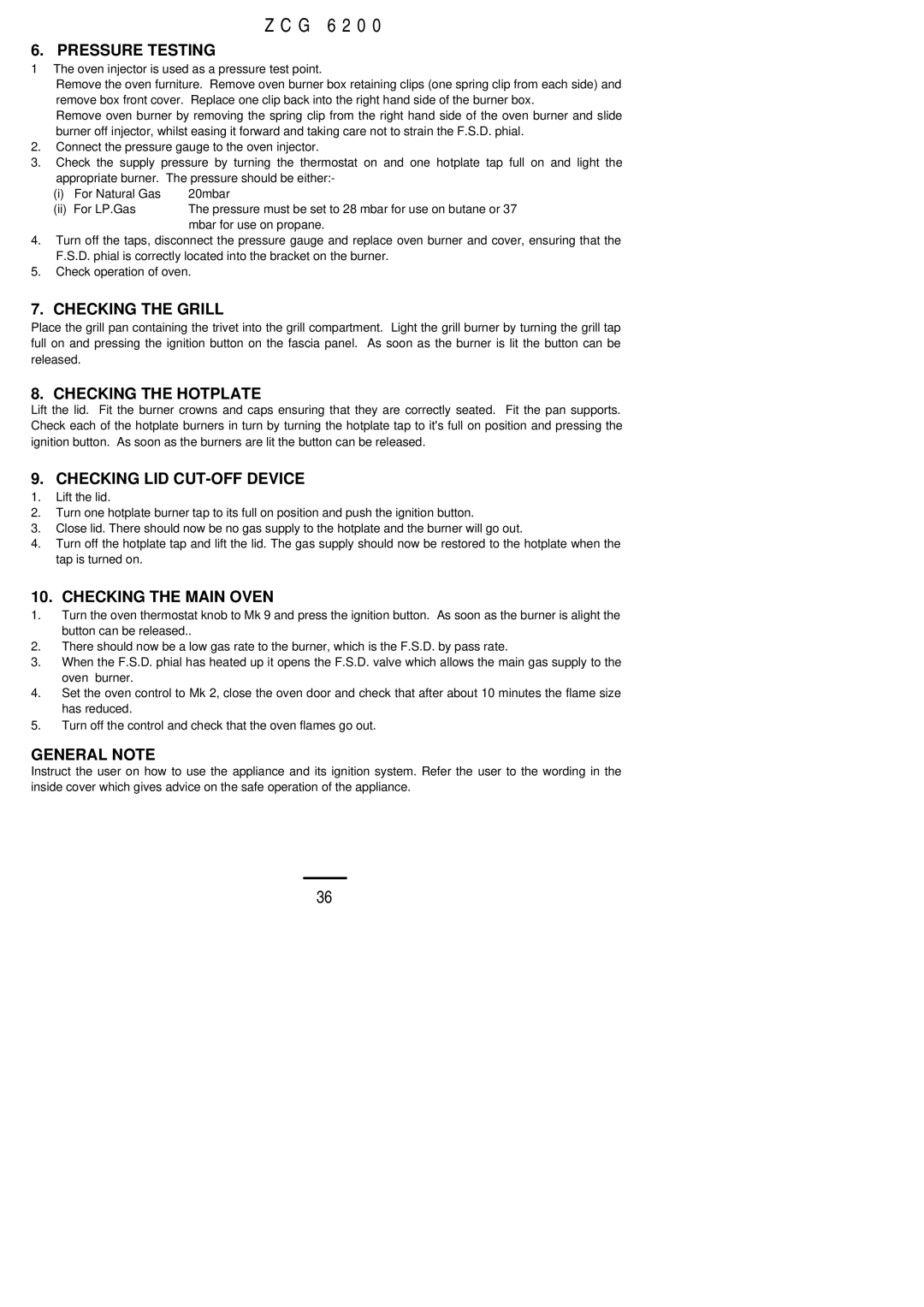 Zanussi ZCG 6200 Pressure Testing, Checking the Grill, Checking the Hotplate, Checking LID CUT-OFF Device, General Note 