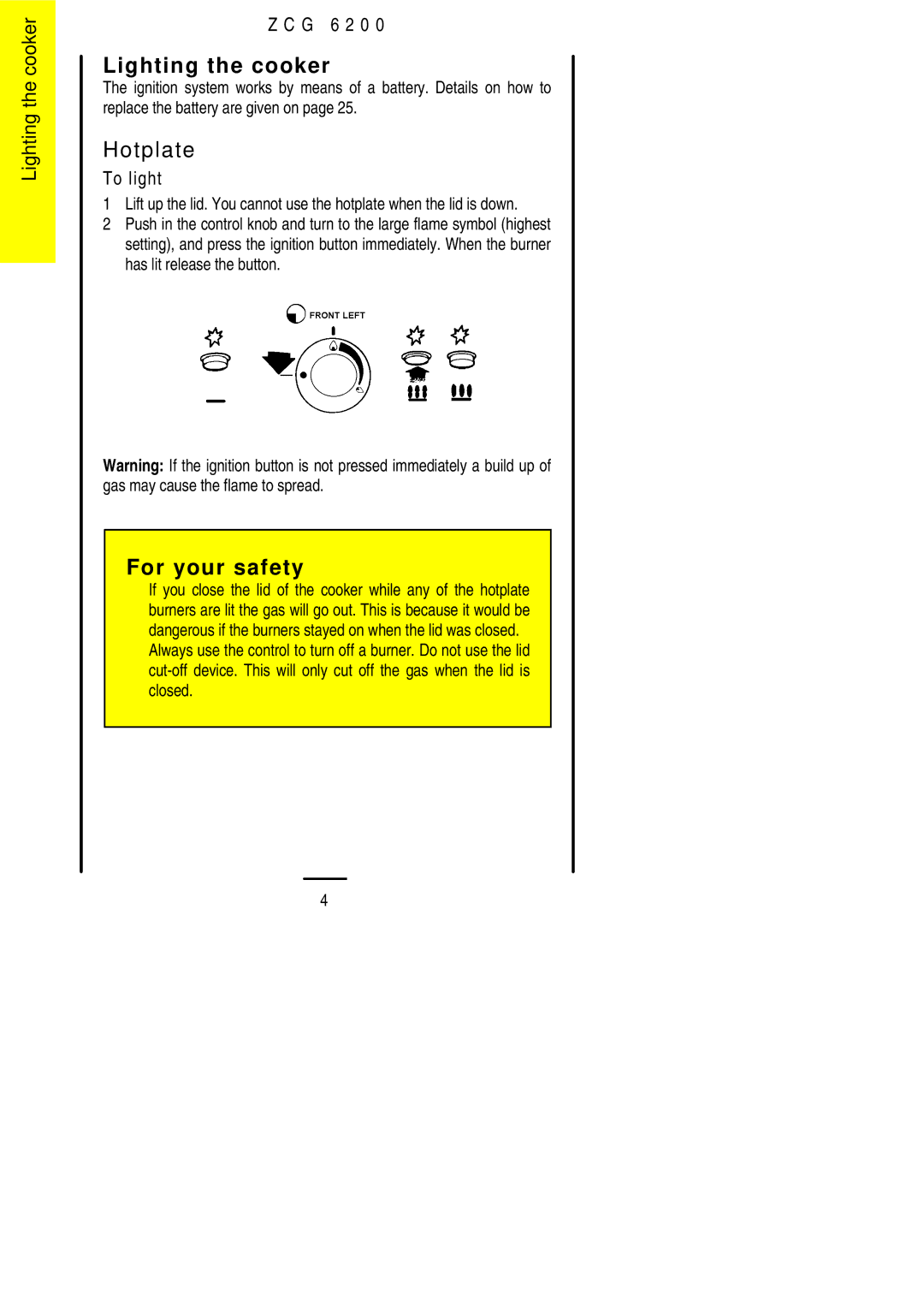 Zanussi ZCG 6200 installation instructions Lighting the cooker, Hotplate 