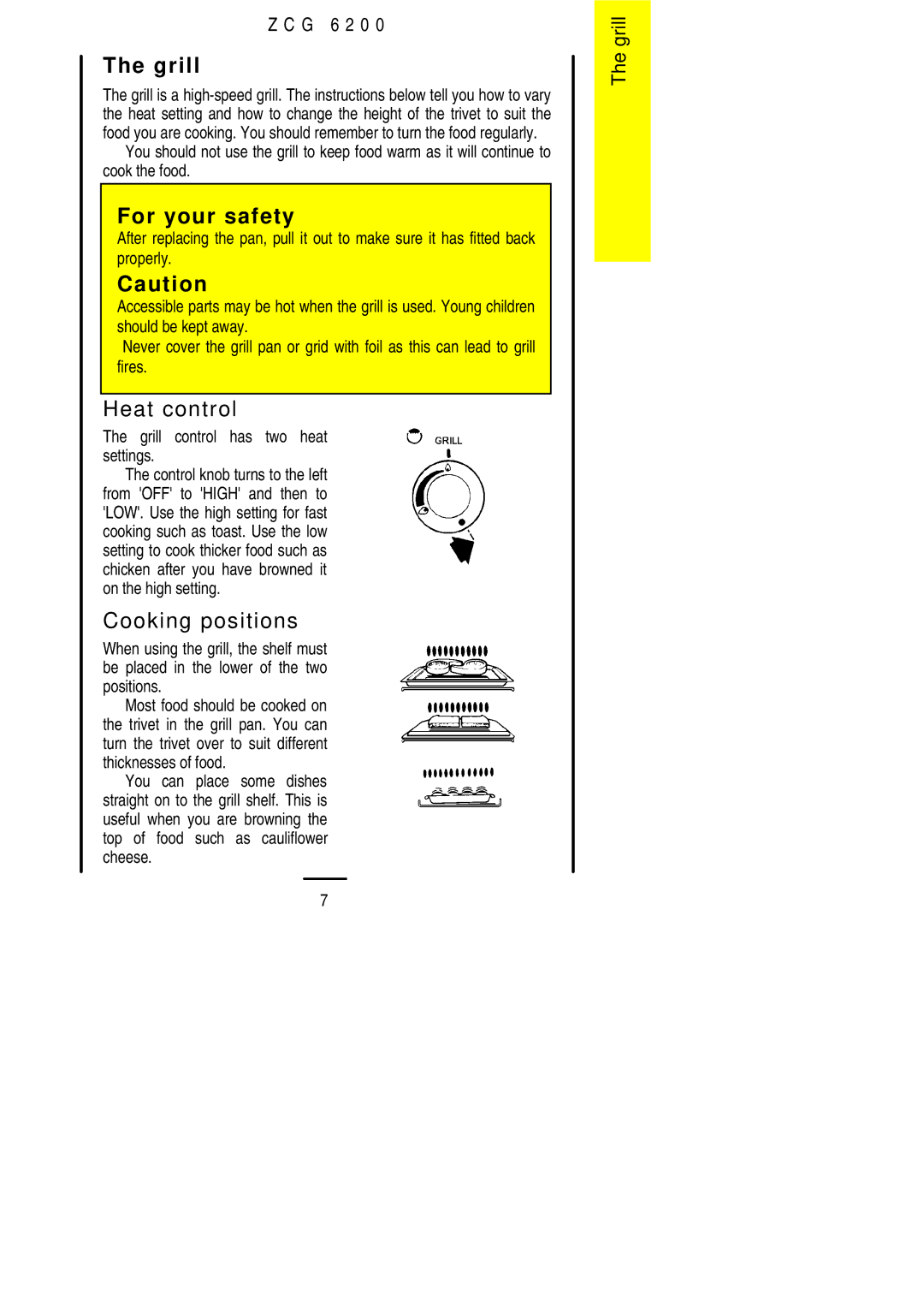 Zanussi ZCG 6200 installation instructions Grill, Heat control, Cooking positions 