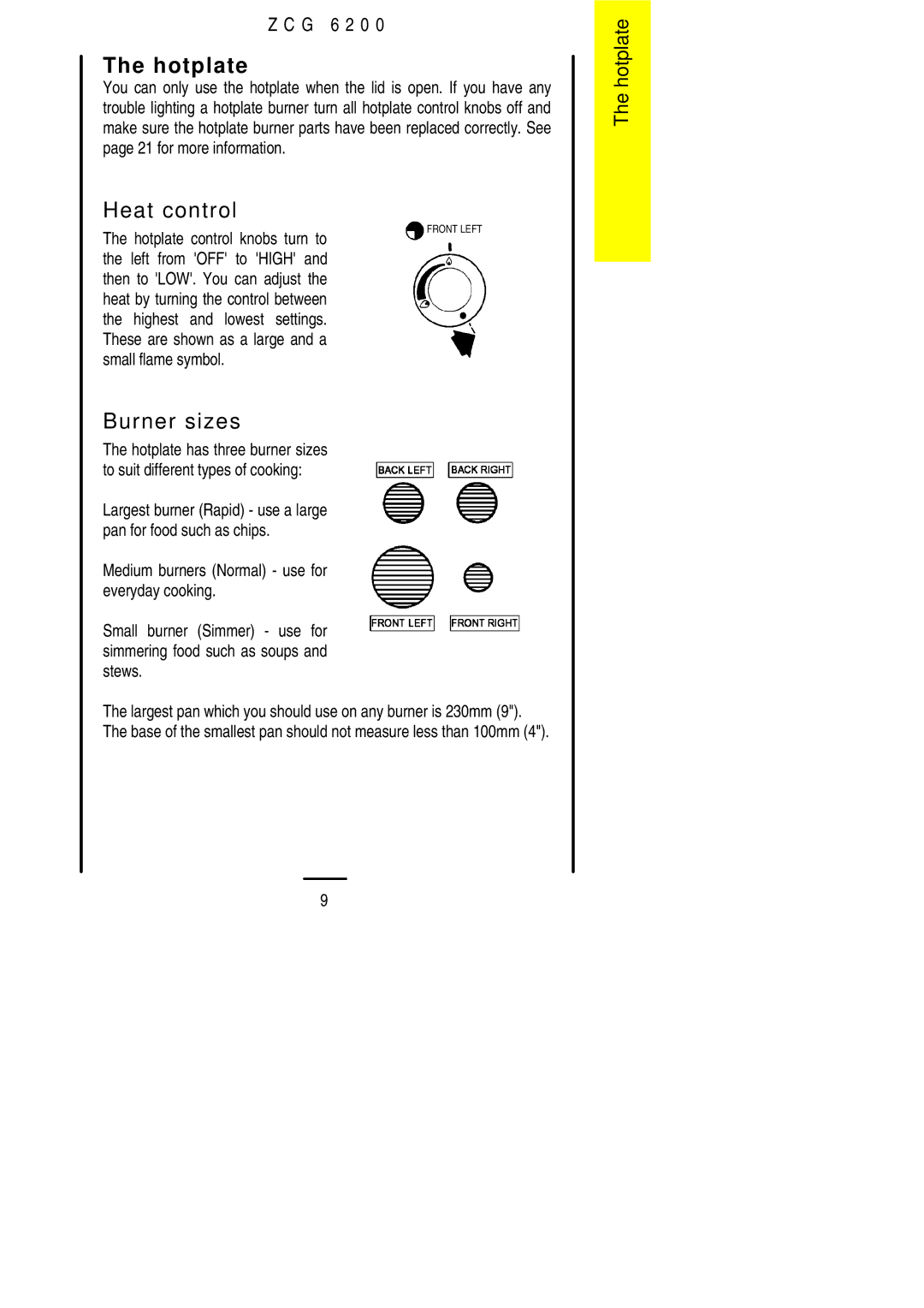 Zanussi ZCG 6200 installation instructions Hotplate, Burner sizes 