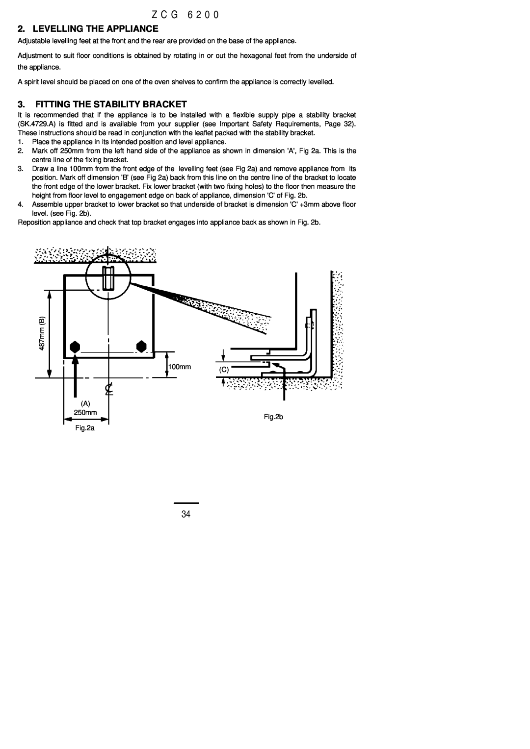 Zanussi ZCG 6200 installation instructions Z C G, Levelling The Appliance, Fitting The Stability Bracket 