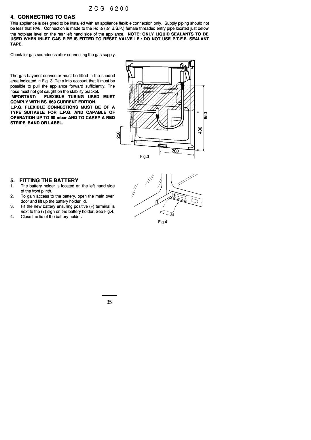 Zanussi ZCG 6200 installation instructions Z C G, Connecting To Gas, Fitting The Battery 