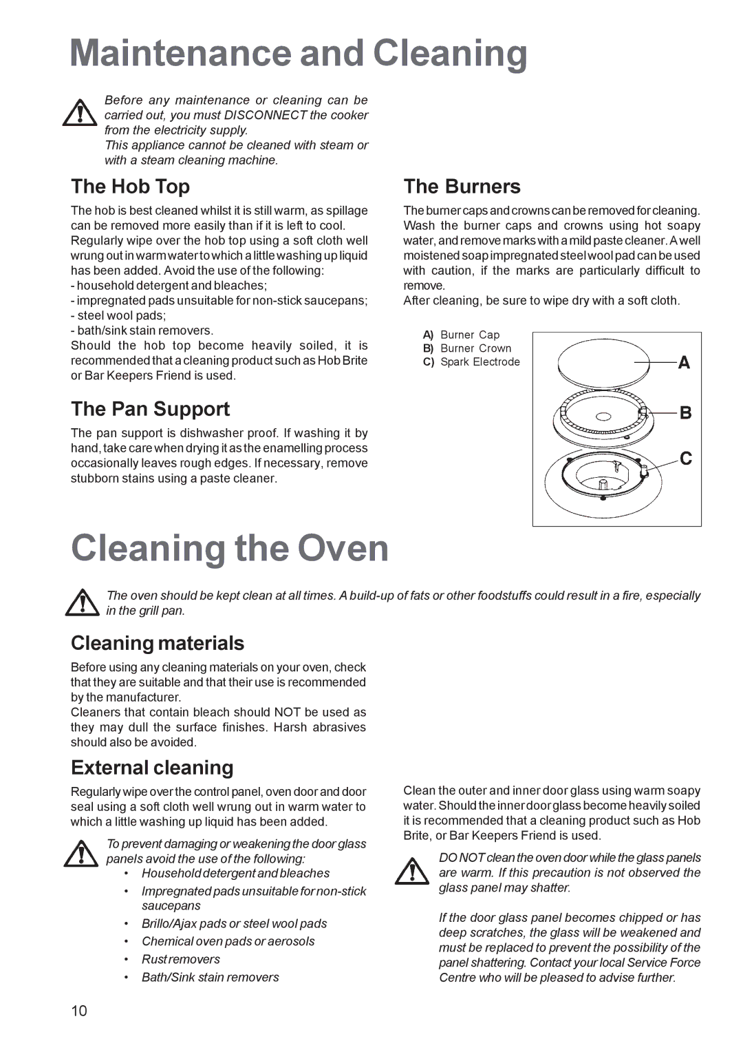 Zanussi ZCG 641, ZCG 640 manual Maintenance and Cleaning, Cleaning the Oven 