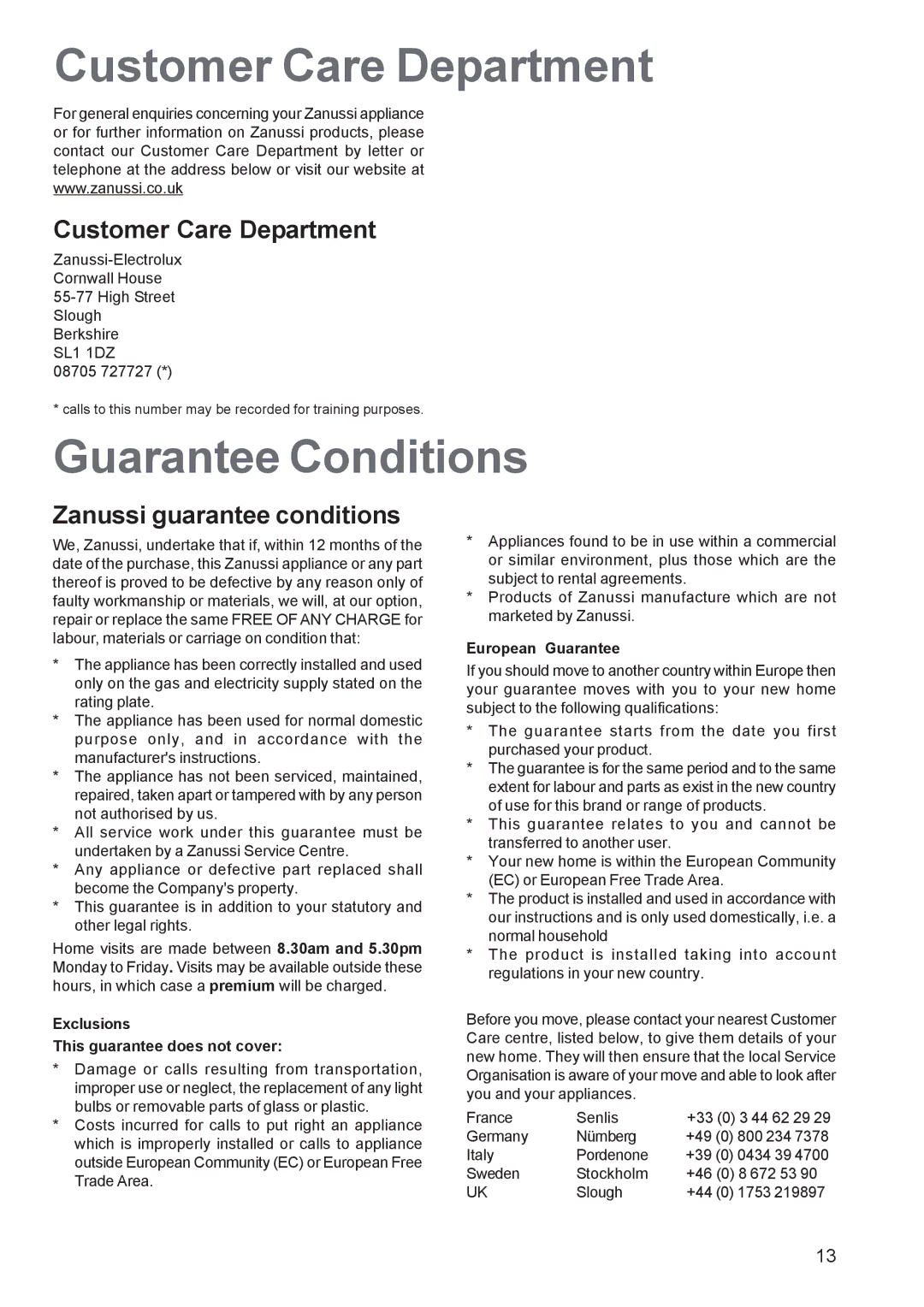 Zanussi ZCG 640, ZCG 641 manual Customer Care Department, Guarantee Conditions, Zanussi guarantee conditions 