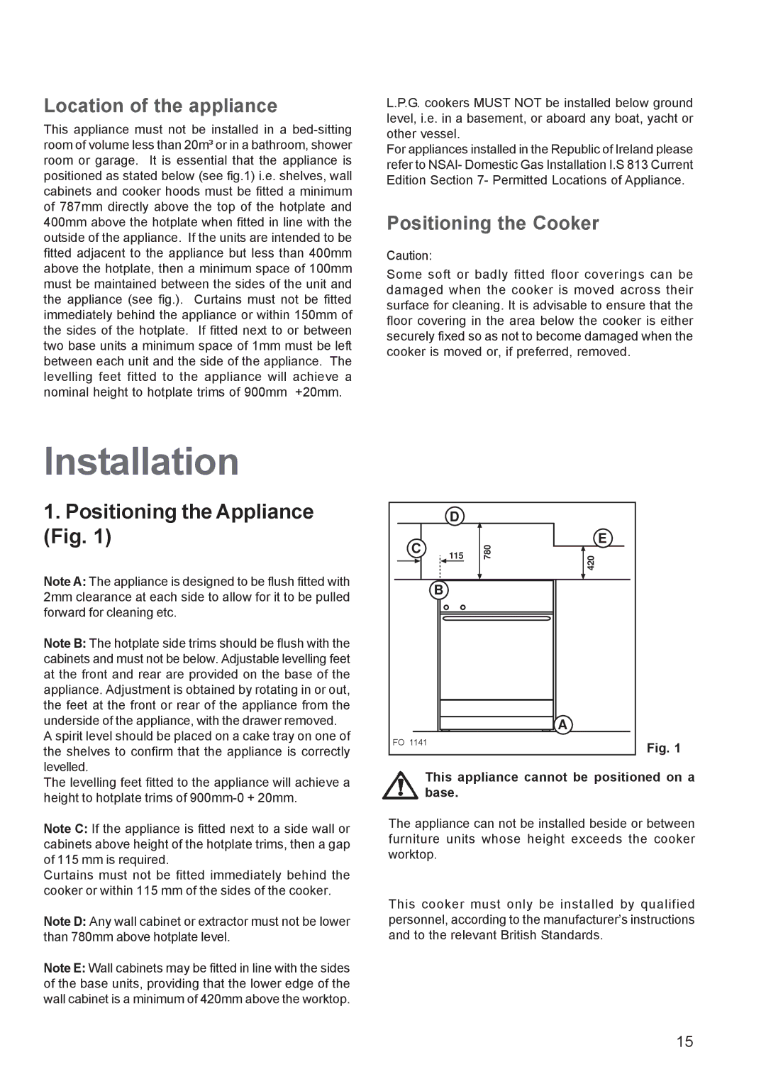 Zanussi ZCG 640, ZCG 641 manual Installation, Positioning the Appliance Fig, This appliance cannot be positioned on a base 