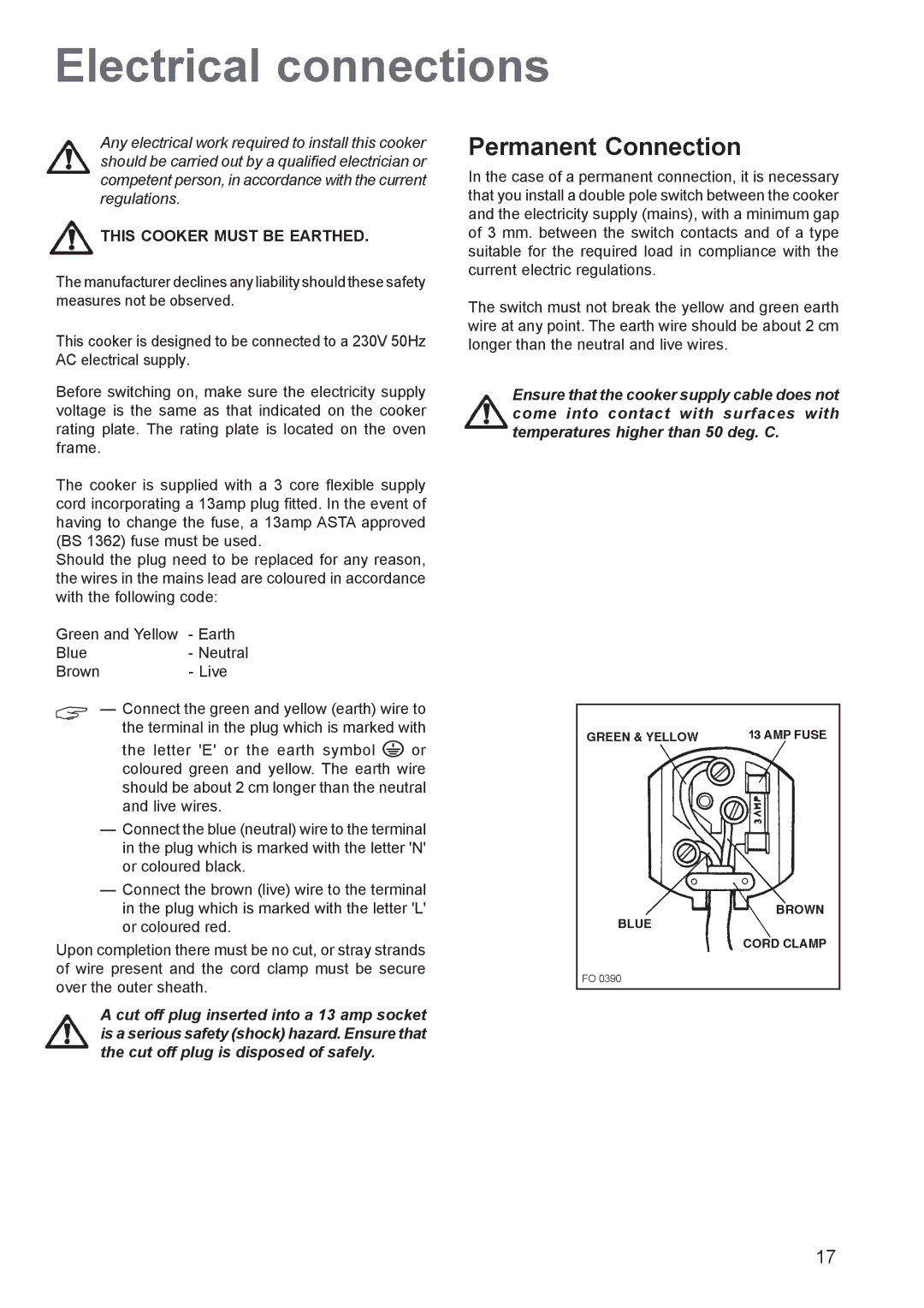 Zanussi ZCG 640, ZCG 641 manual Electrical connections, Permanent Connection, This Cooker Must be Earthed 