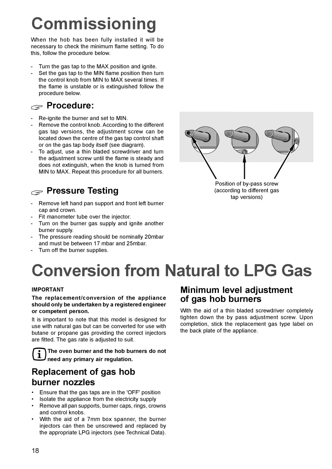 Zanussi ZCG 641 manual Commissioning, Conversion from Natural to LPG Gas, Procedure, Replacement of gas hob burner nozzles 