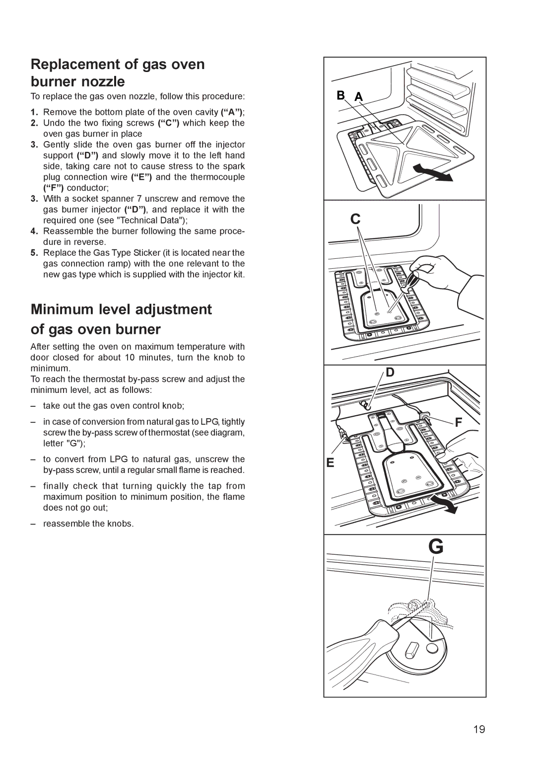 Zanussi ZCG 640, ZCG 641 manual Replacement of gas oven burner nozzle, Minimum level adjustment of gas oven burner 