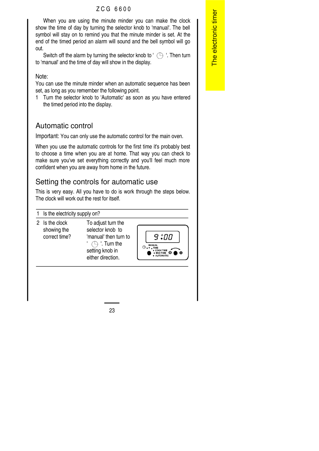 Zanussi ZCG 6600 manual Automatic control, Setting the controls for automatic use 