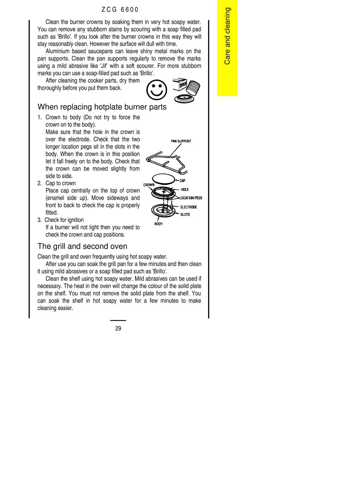 Zanussi ZCG 6600 manual When replacing hotplate burner parts, Grill and second oven 