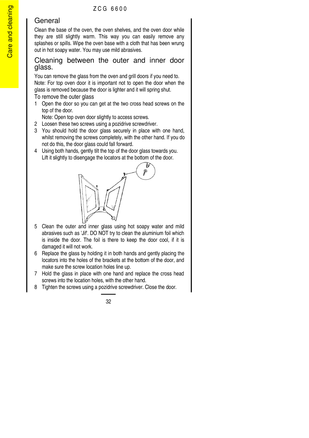 Zanussi ZCG 6600 manual General, Cleaning between the outer and inner door glass 