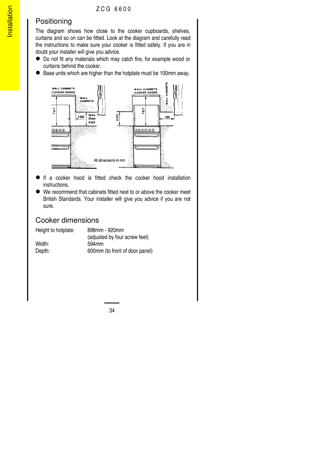 Zanussi ZCG 6600 manual Positioning, Cooker dimensions, Height to hotplate 898mm 920mm, Width 594mm Depth 