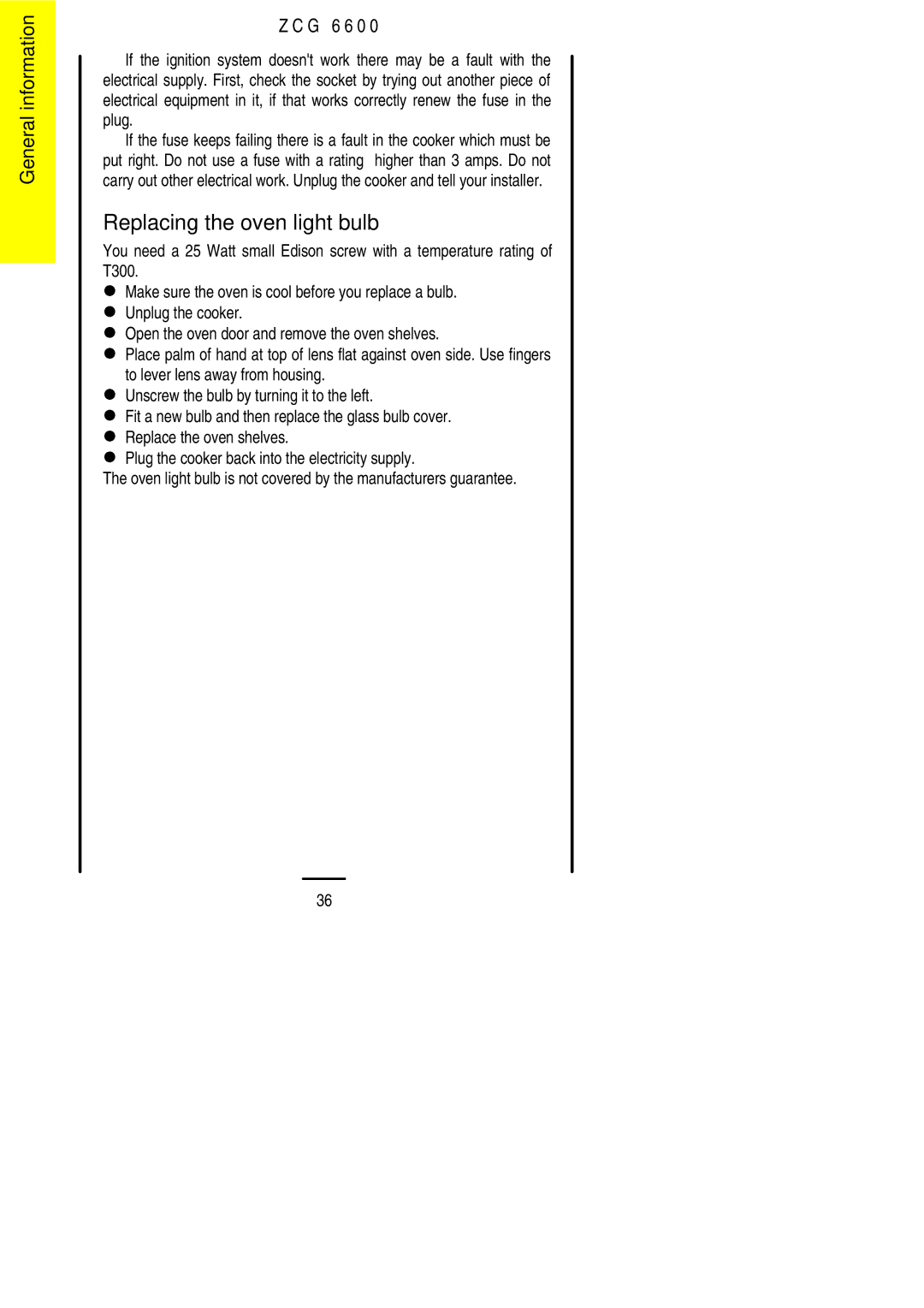 Zanussi ZCG 6600 manual Replacing the oven light bulb 