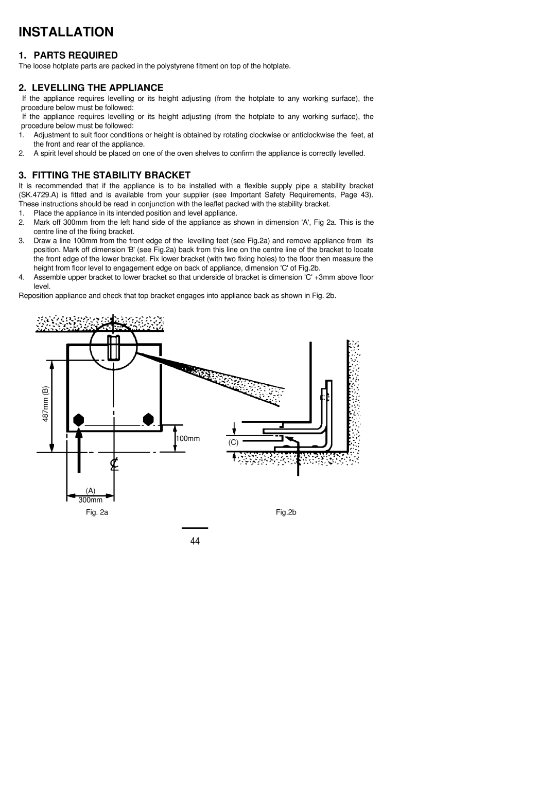 Zanussi ZCG 6600 manual Parts Required, Levelling the Appliance, Fitting the Stability Bracket 