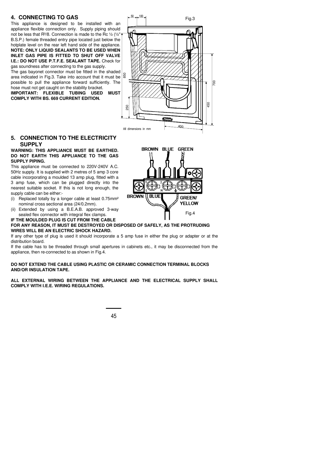 Zanussi ZCG 6600 manual Connecting to GAS, Connection to the Electricity Supply 