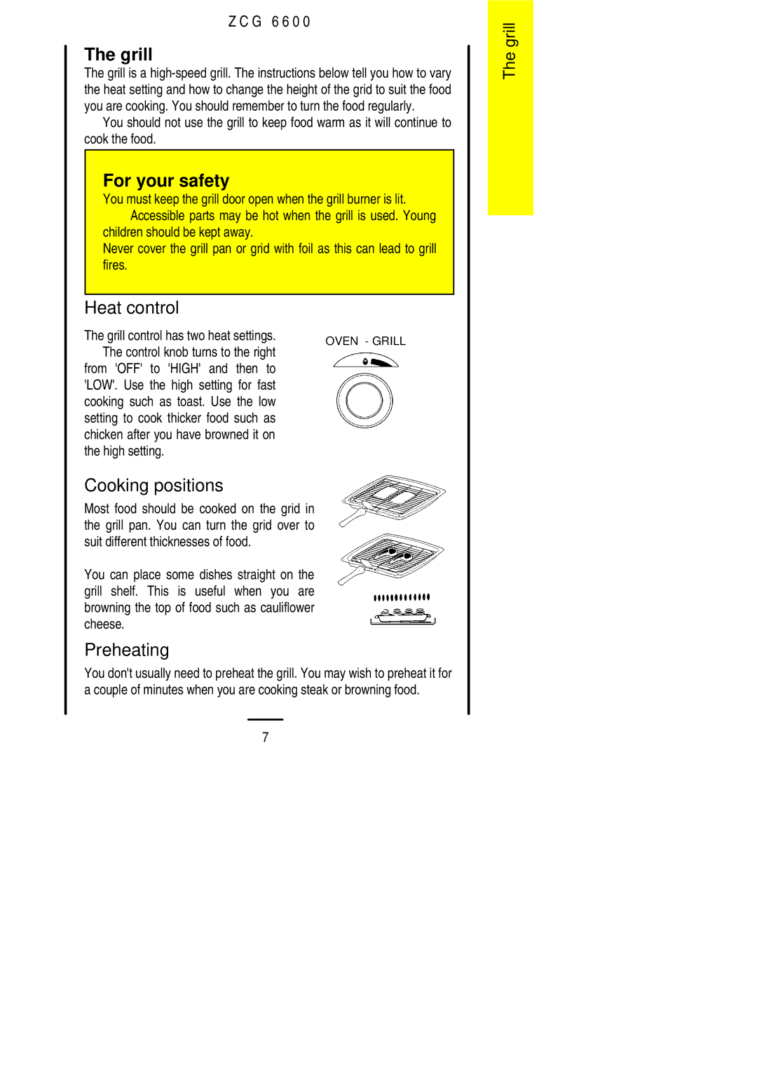 Zanussi ZCG 6600 manual Grill, Heat control, Cooking positions, Preheating 