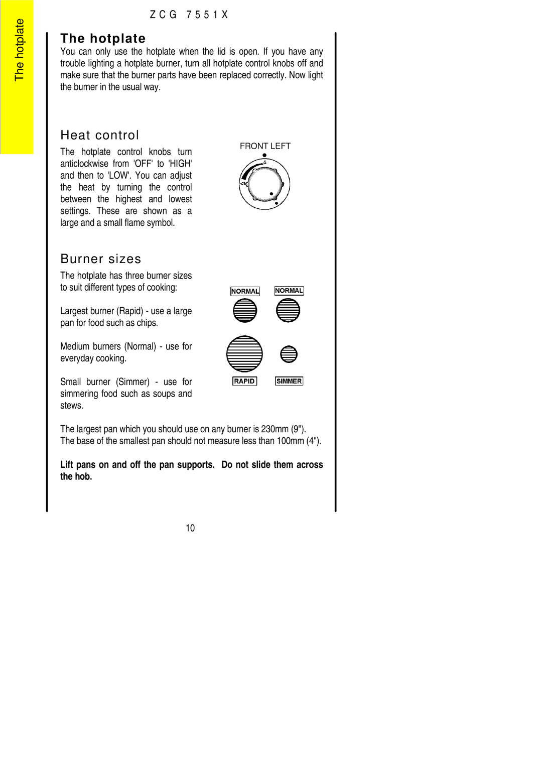 Zanussi ZCG 7551X manual Hotplate, Burner sizes 