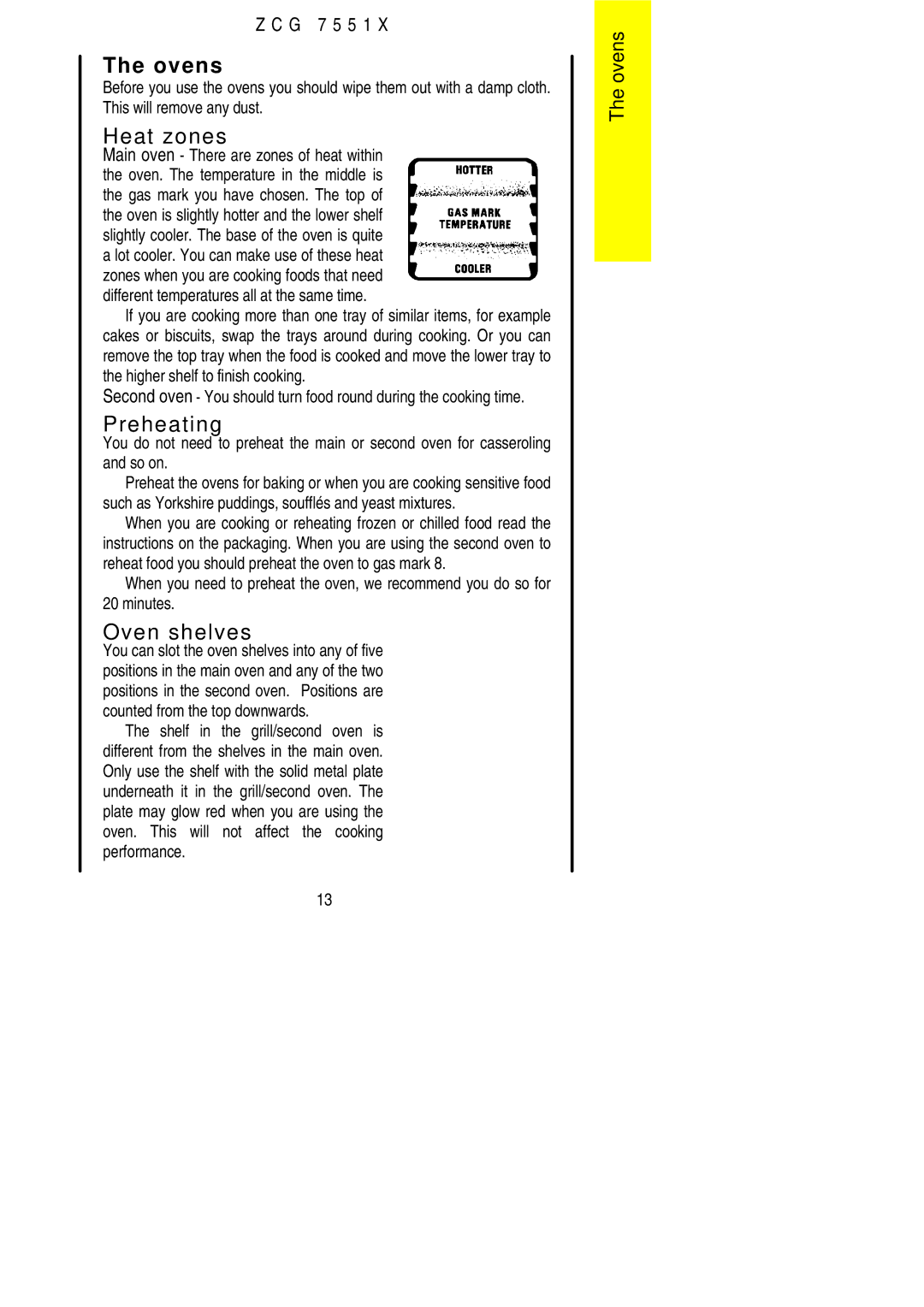Zanussi ZCG 7551X manual Ovens, Heat zones, Oven shelves, Minutes 