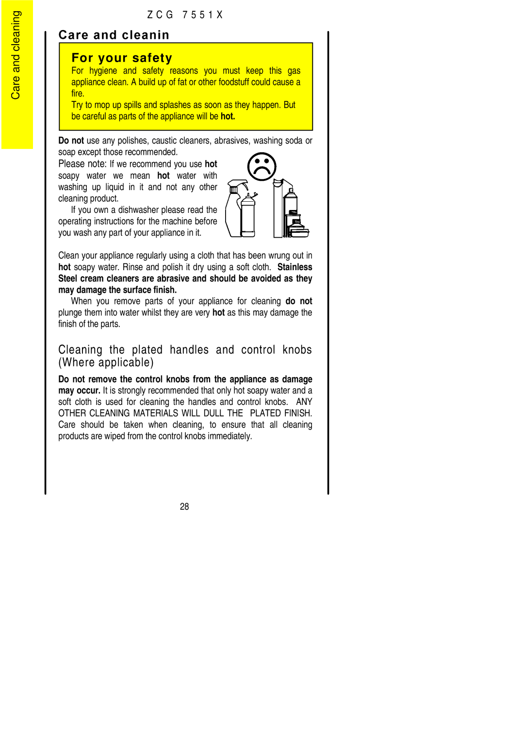 Zanussi ZCG 7551X manual Care and cleaning 