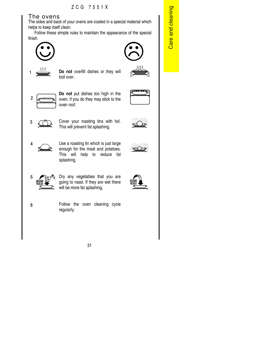 Zanussi ZCG 7551X manual Ovens, Follow the oven cleaning cycle regularly 