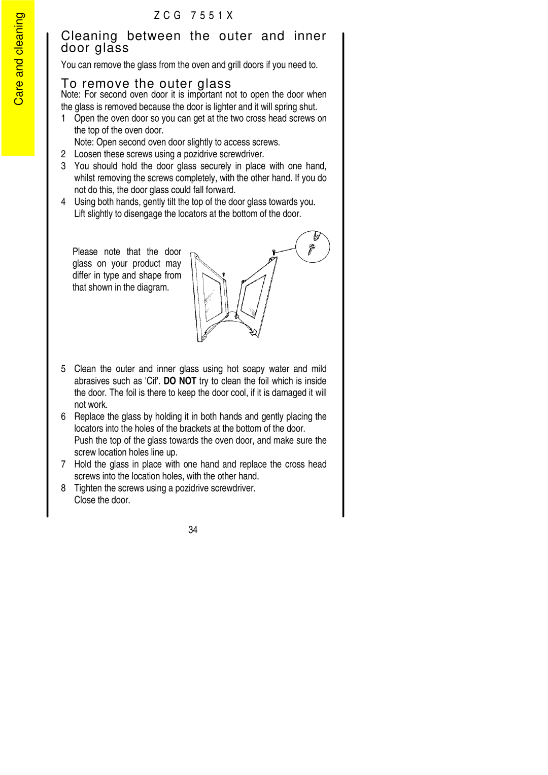 Zanussi ZCG 7551X manual Cleaning between the outer and inner door glass, To remove the outer glass 