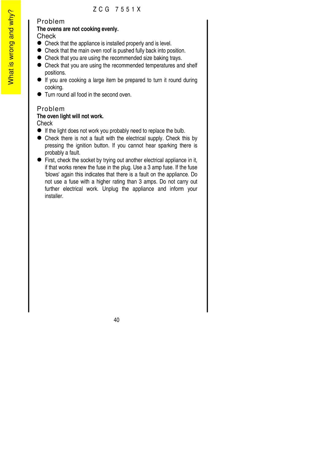 Zanussi ZCG 7551X manual Probably a fault 