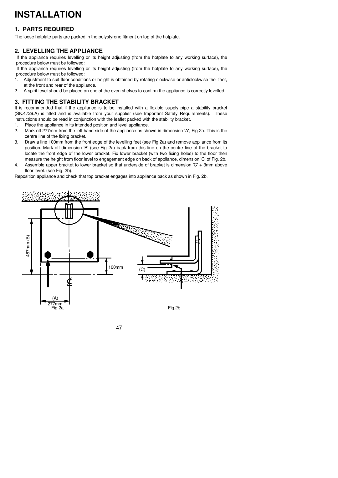 Zanussi ZCG 7551X manual Parts Required, Levelling the Appliance, Fitting the Stability Bracket 