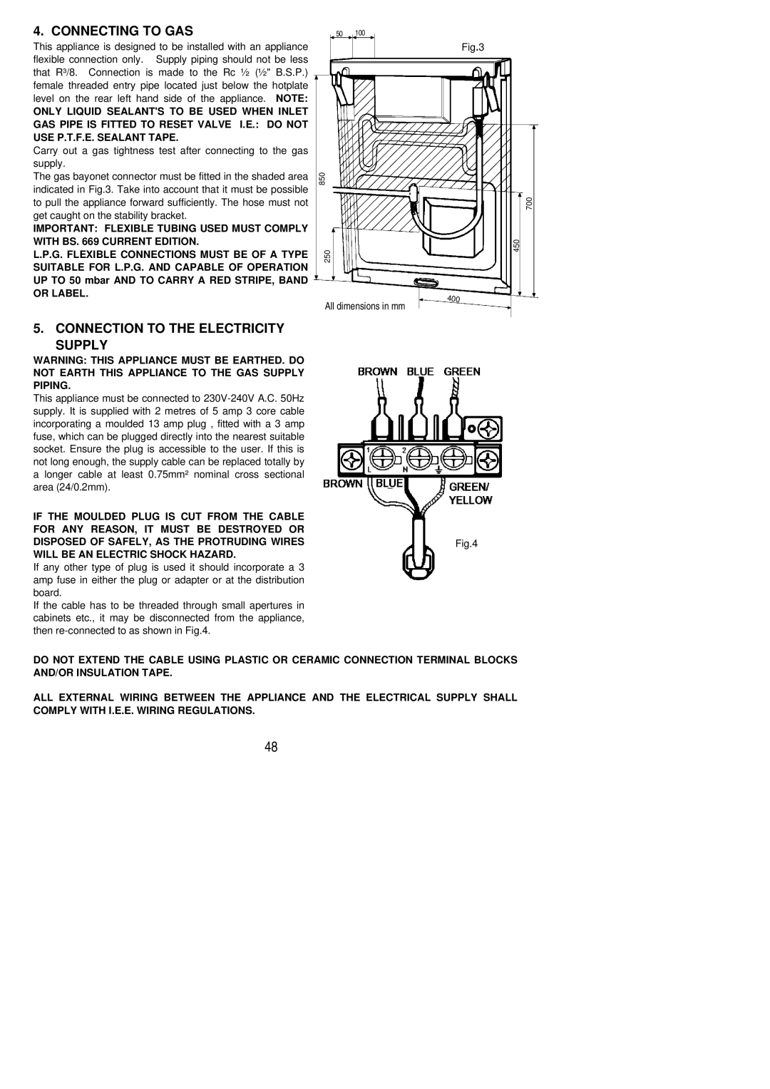 Zanussi ZCG 7551X manual Connecting to GAS, Connection to the Electricity Supply 