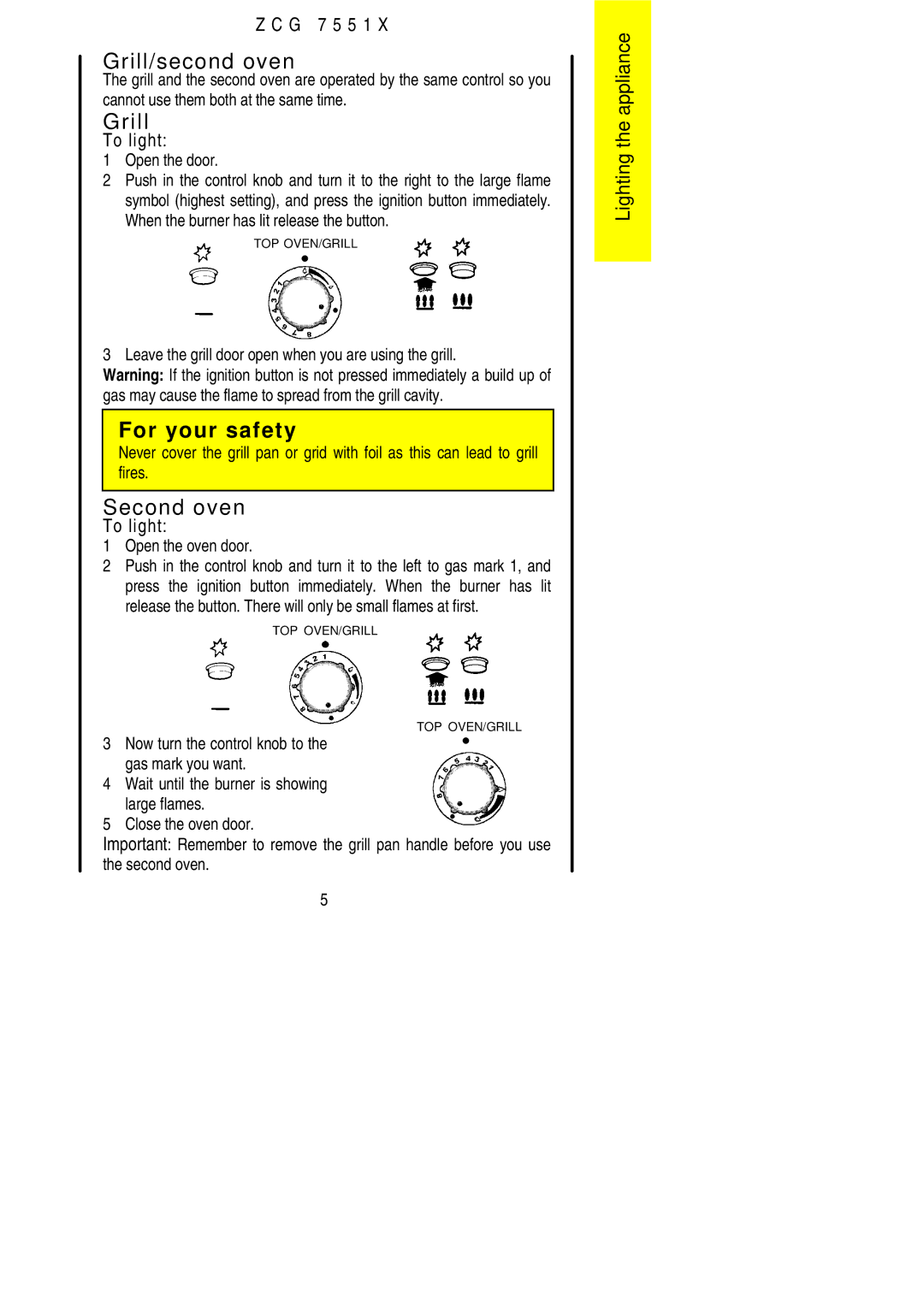 Zanussi ZCG 7551X manual Grill/second oven, Second oven 