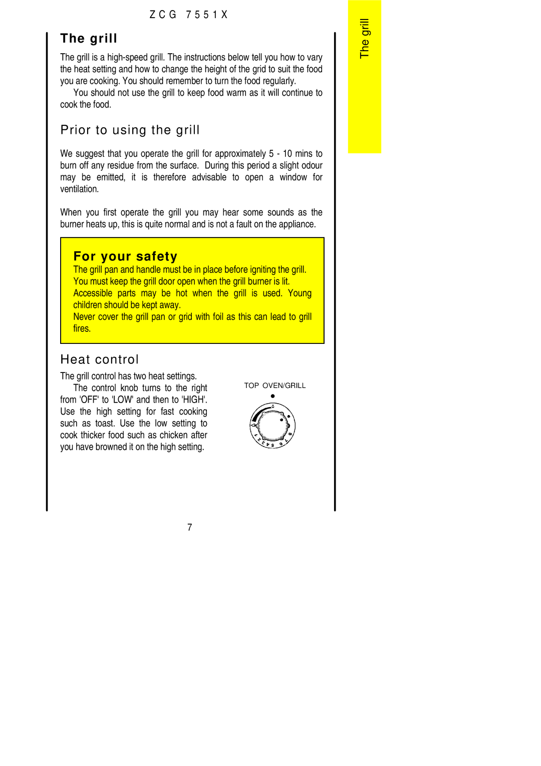 Zanussi ZCG 7551X manual Prior to using the grill, Heat control, Grill control has two heat settings 