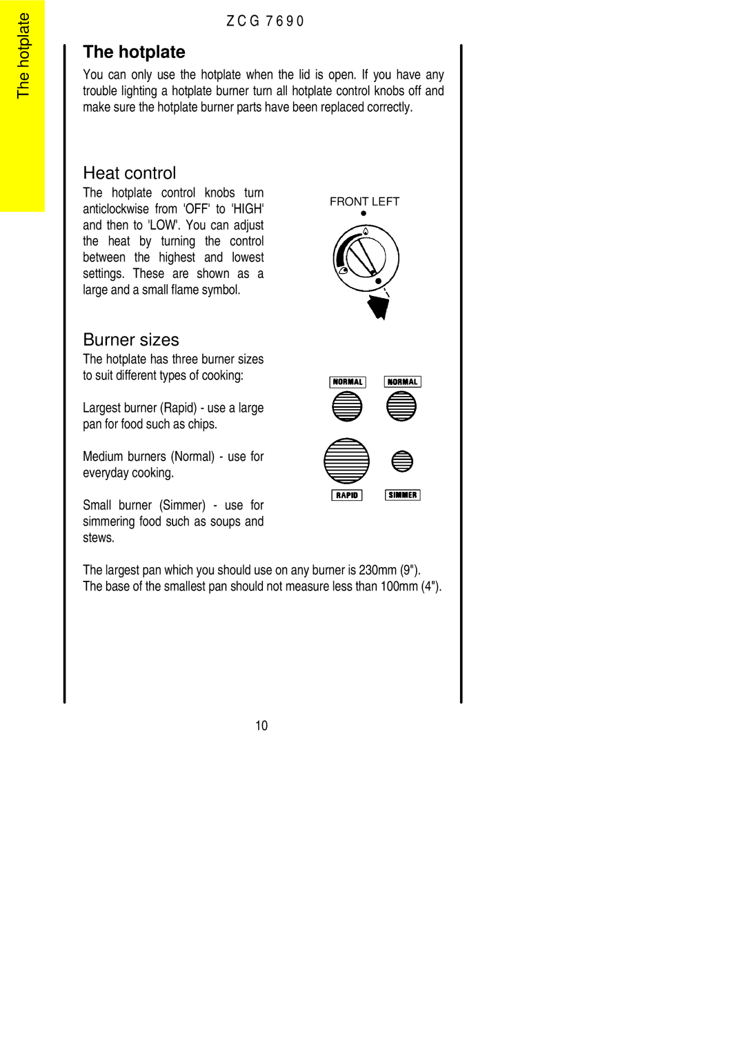Zanussi ZCG 7690 manual Hotplate, Burner sizes 