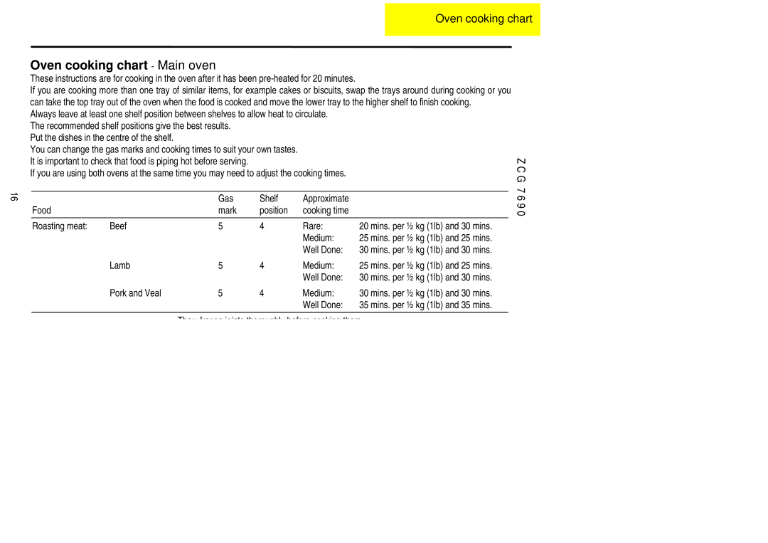 Zanussi ZCG 7690 manual Oven cooking chart Main oven 