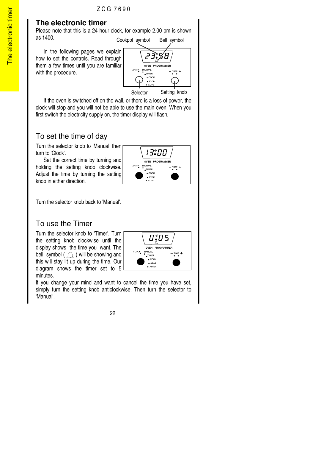 Zanussi ZCG 7690 manual Electronic timer, To set the time of day, To use the Timer, Turn the selector knob back to Manual 