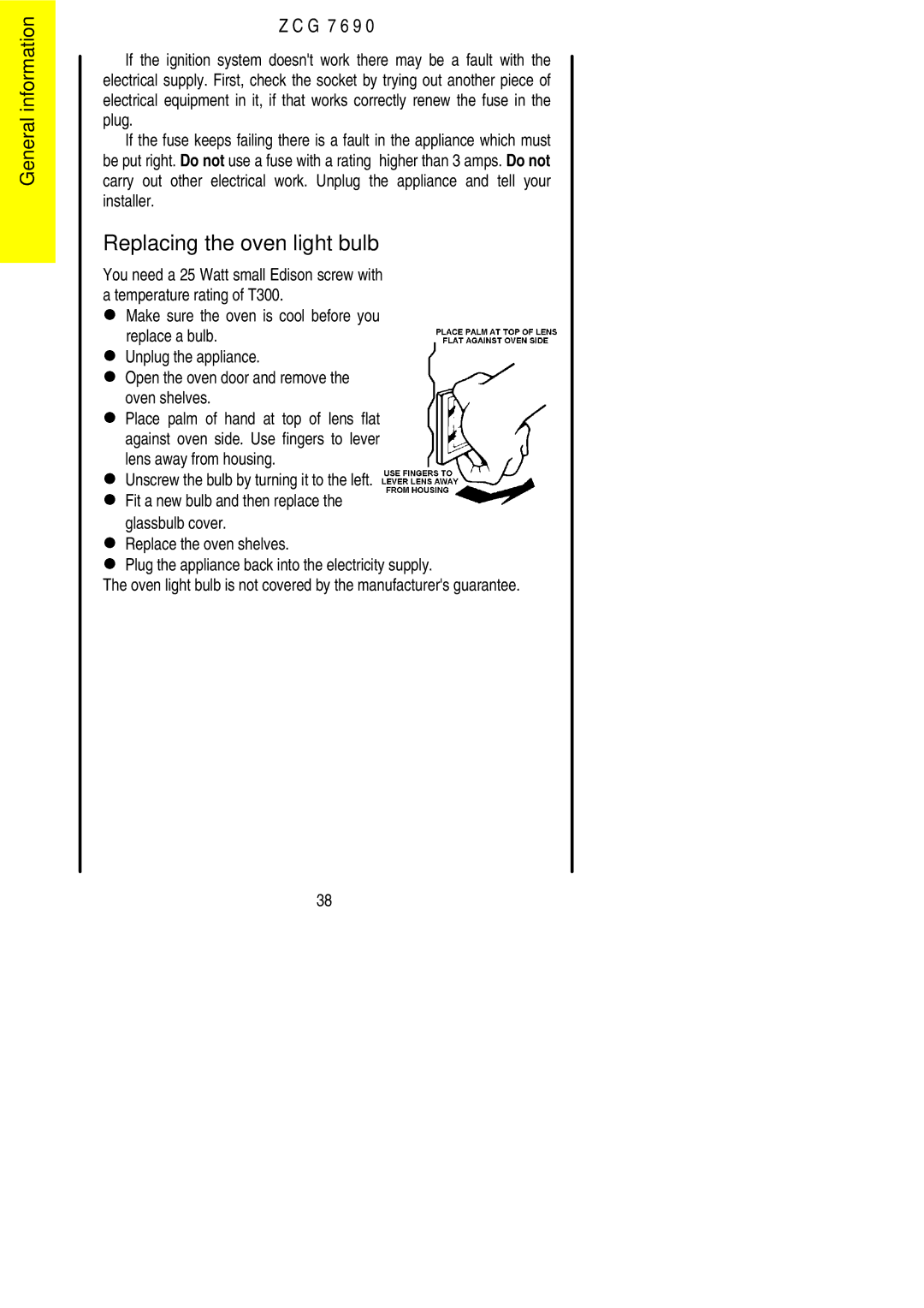 Zanussi ZCG 7690 manual Replacing the oven light bulb 