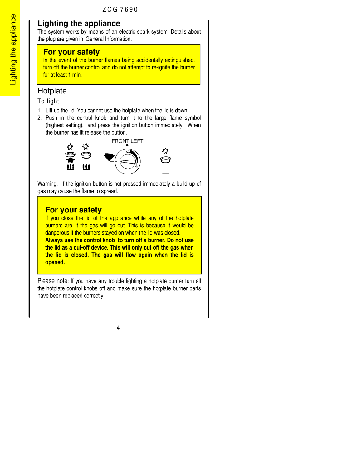 Zanussi ZCG 7690 manual Lighting the appliance, Hotplate 