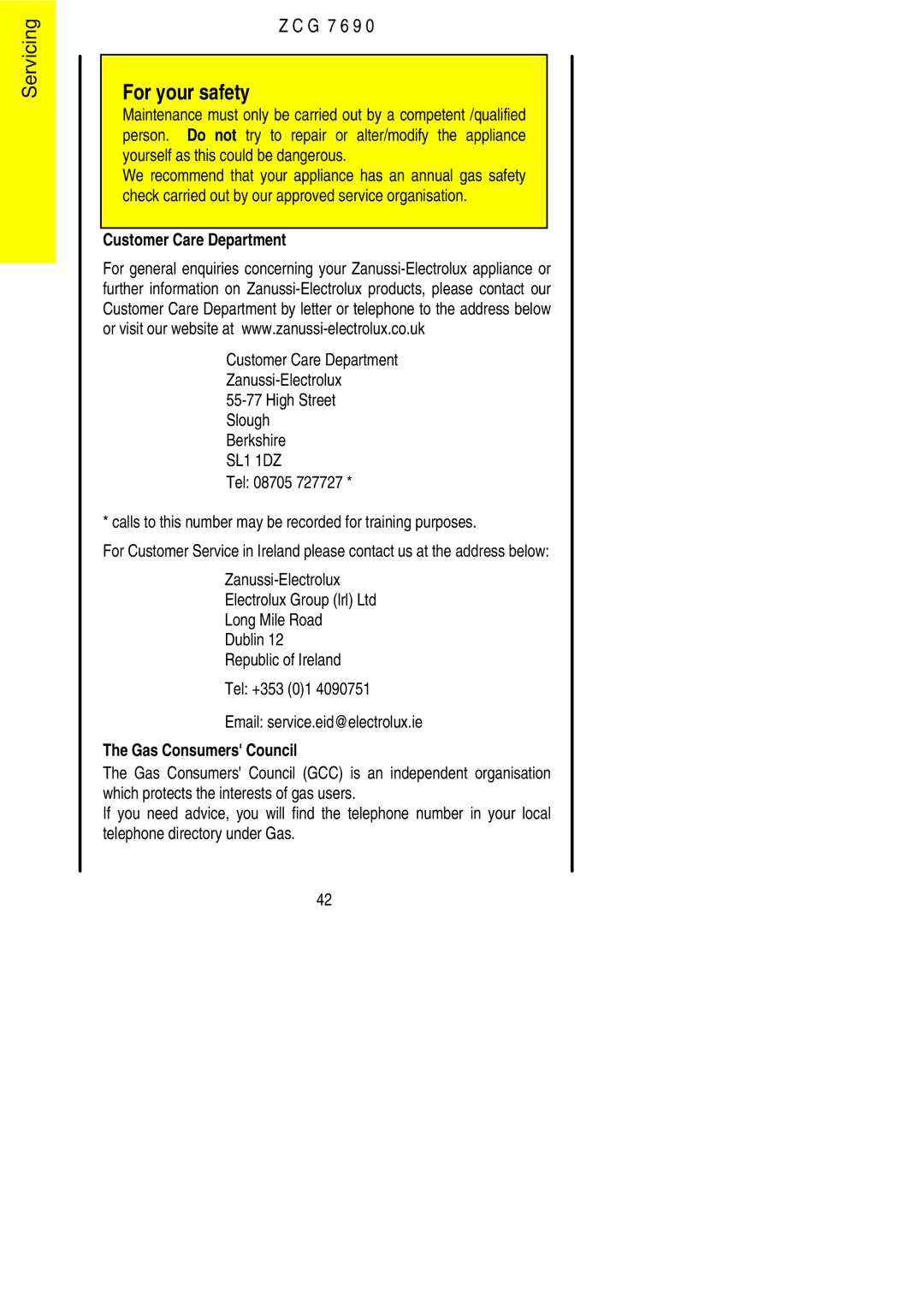 Zanussi ZCG 7690 manual Customer Care Department 