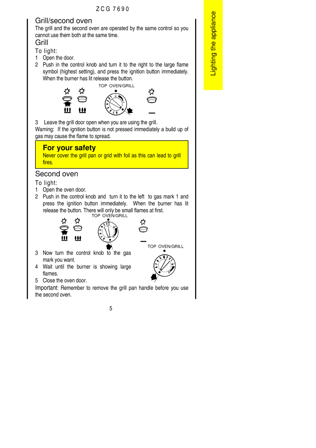 Zanussi ZCG 7690 manual Grill/second oven, Second oven 