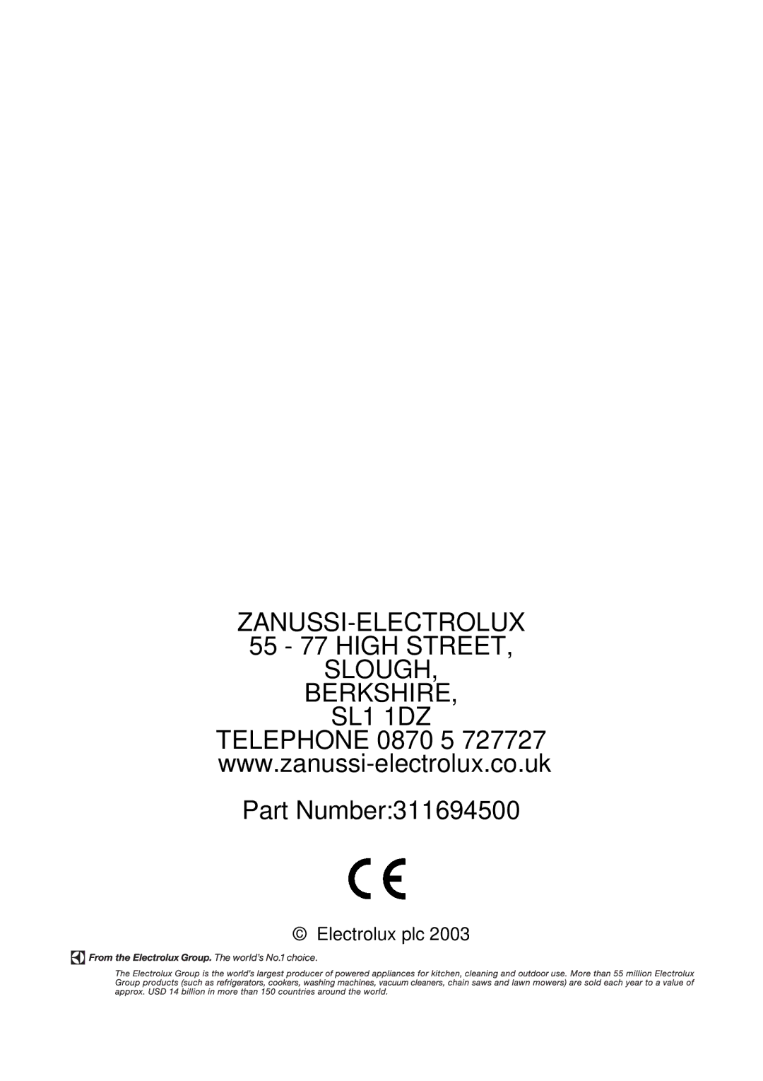 Zanussi ZCG 7690 manual Part Number311694500 