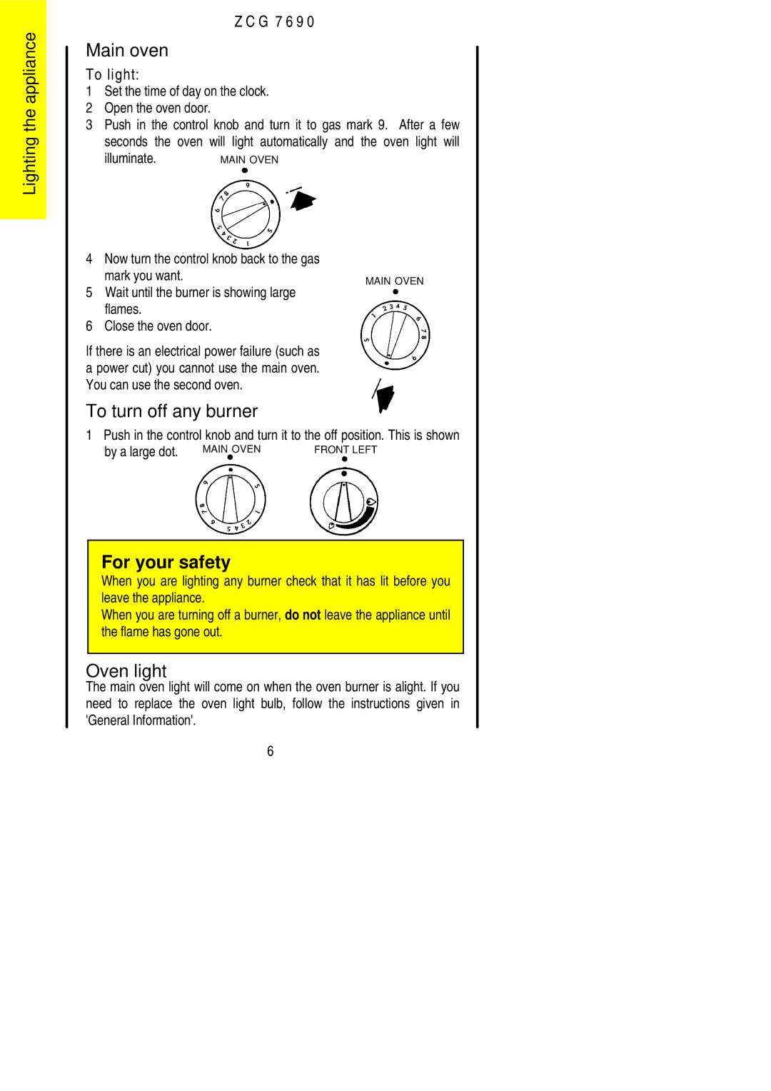 Zanussi ZCG 7690 manual Main oven, To turn off any burner, Oven light 