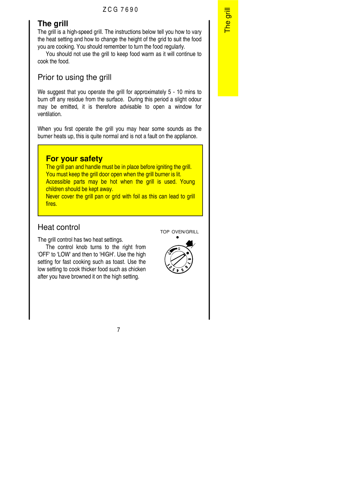 Zanussi ZCG 7690 manual Prior to using the grill, Heat control, Grill control has two heat settings 