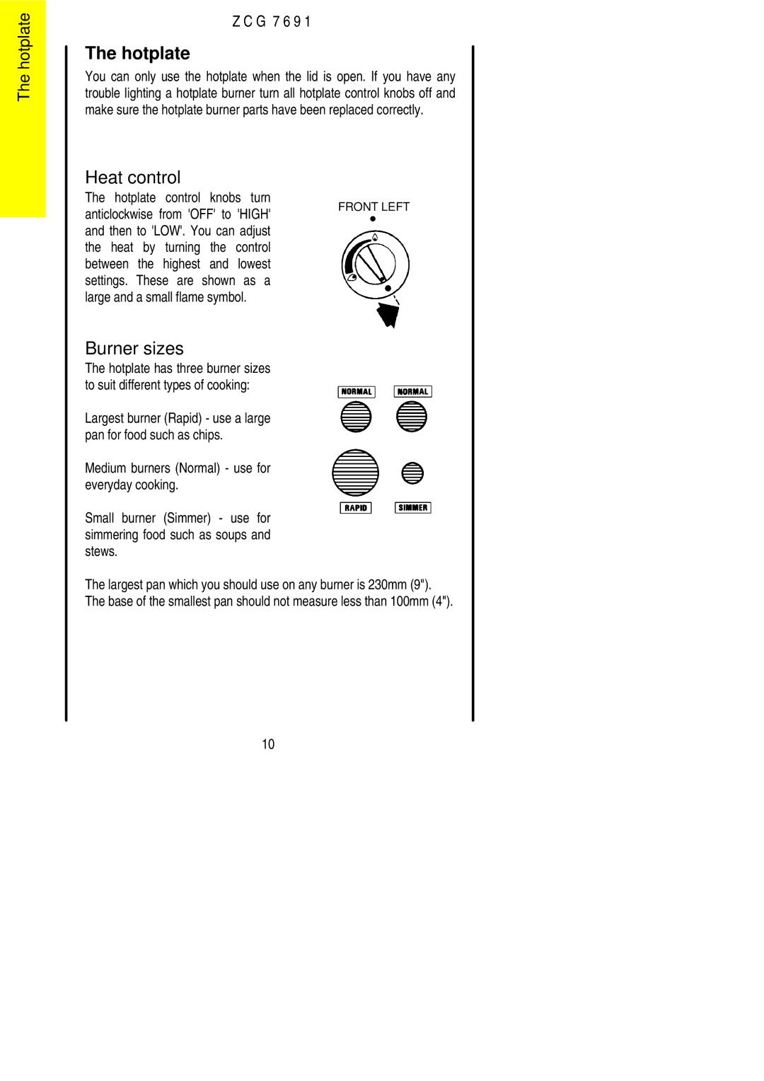 Zanussi ZCG 7691 manual Hotplate, Burner sizes 