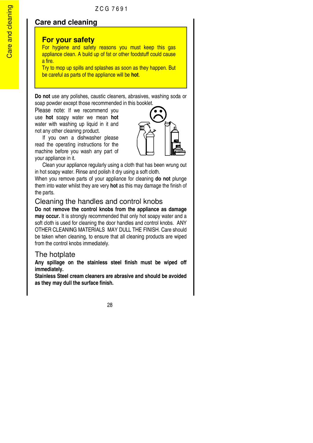 Zanussi ZCG 7691 manual Care and cleaning For your safety, Cleaning the handles and control knobs 