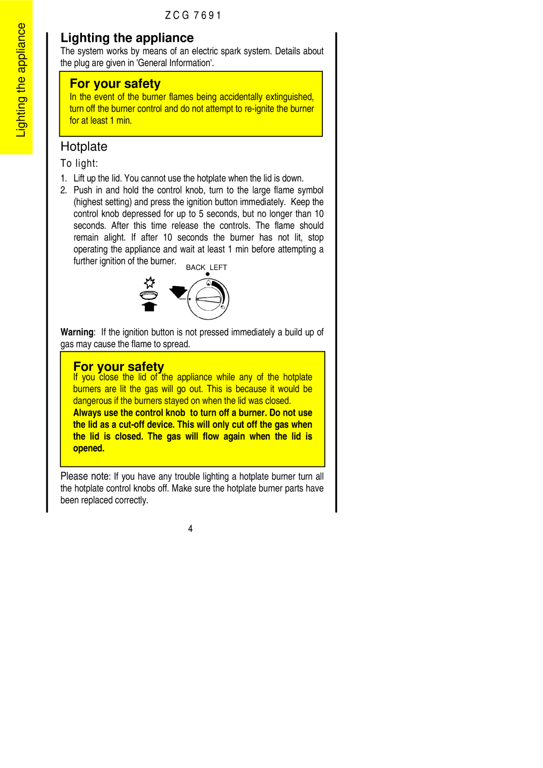 Zanussi ZCG 7691 manual Lighting the appliance, Hotplate, Further ignition of the burner 